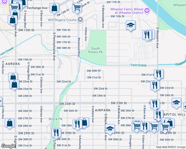 map of restaurants, bars, coffee shops, grocery stores, and more near 2211 South Kentucky Place in Oklahoma City