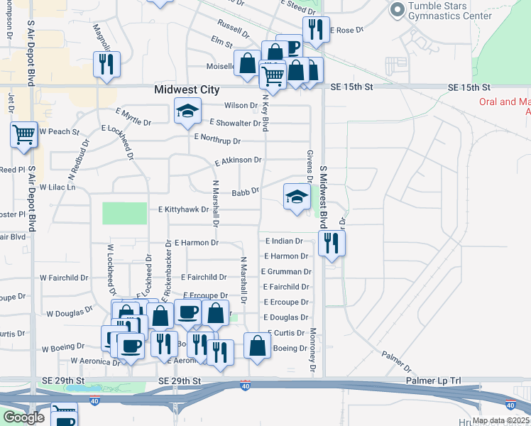 map of restaurants, bars, coffee shops, grocery stores, and more near 800 North Key Boulevard in Midwest City