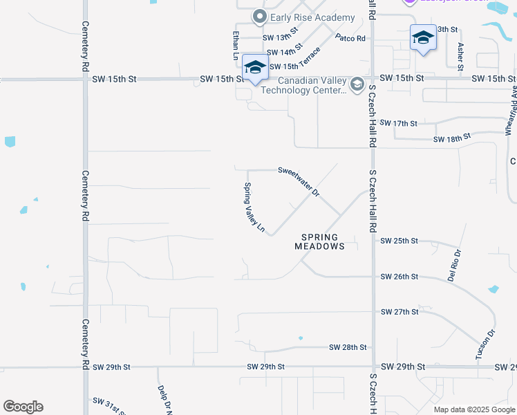 map of restaurants, bars, coffee shops, grocery stores, and more near 2500 Spring Valley Lane in Yukon