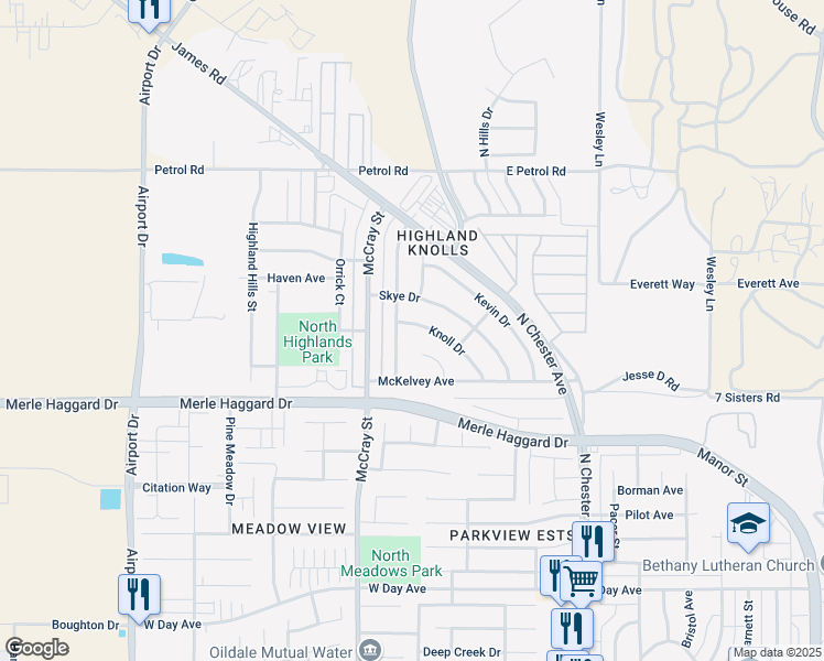map of restaurants, bars, coffee shops, grocery stores, and more near 4601 Knoll Drive in Bakersfield