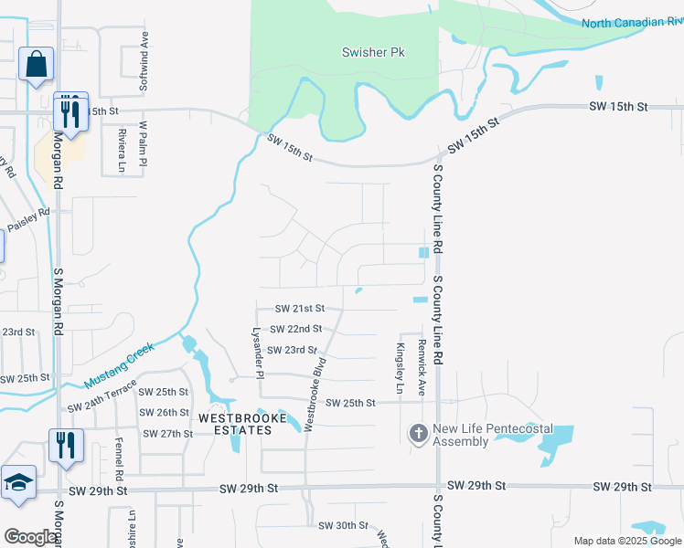 map of restaurants, bars, coffee shops, grocery stores, and more near Westbrook Boulevard in Oklahoma City