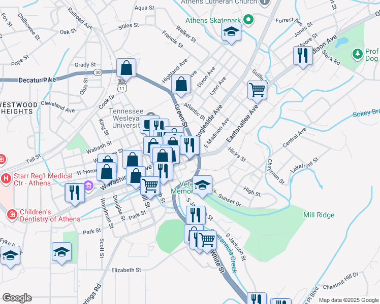 map of restaurants, bars, coffee shops, grocery stores, and more near 217 West Washington Avenue in Athens