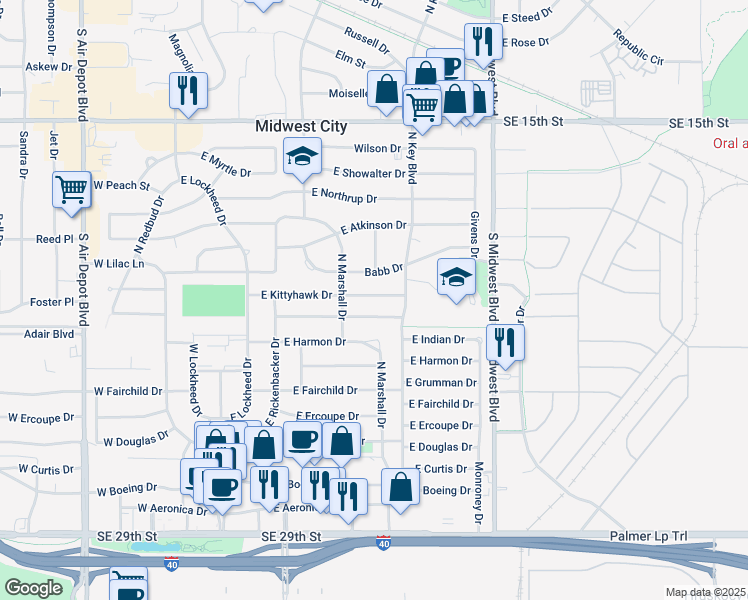 map of restaurants, bars, coffee shops, grocery stores, and more near 314 East Kittyhawk Drive in Midwest City