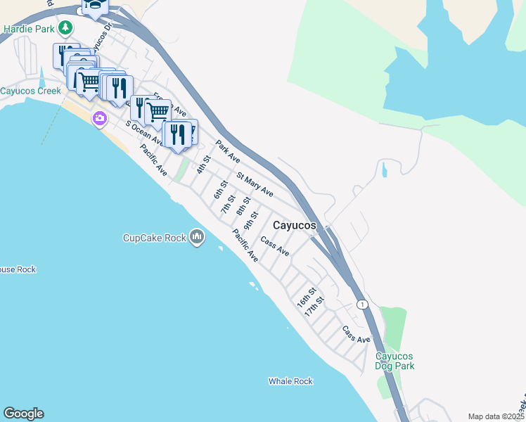 map of restaurants, bars, coffee shops, grocery stores, and more near 920 South Ocean Avenue in Cayucos