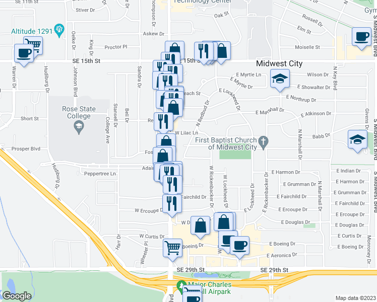 map of restaurants, bars, coffee shops, grocery stores, and more near 705 North Redbud Drive in Midwest City