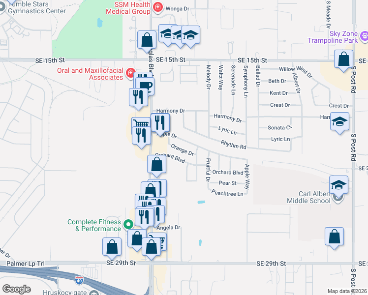 map of restaurants, bars, coffee shops, grocery stores, and more near 9213 Orange Dr in Midwest City
