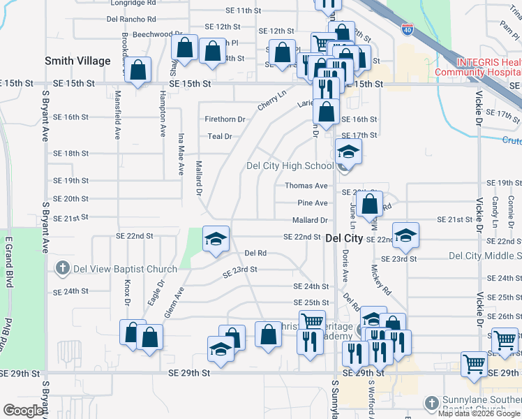 map of restaurants, bars, coffee shops, grocery stores, and more near 1936 Elm Drive in Del City