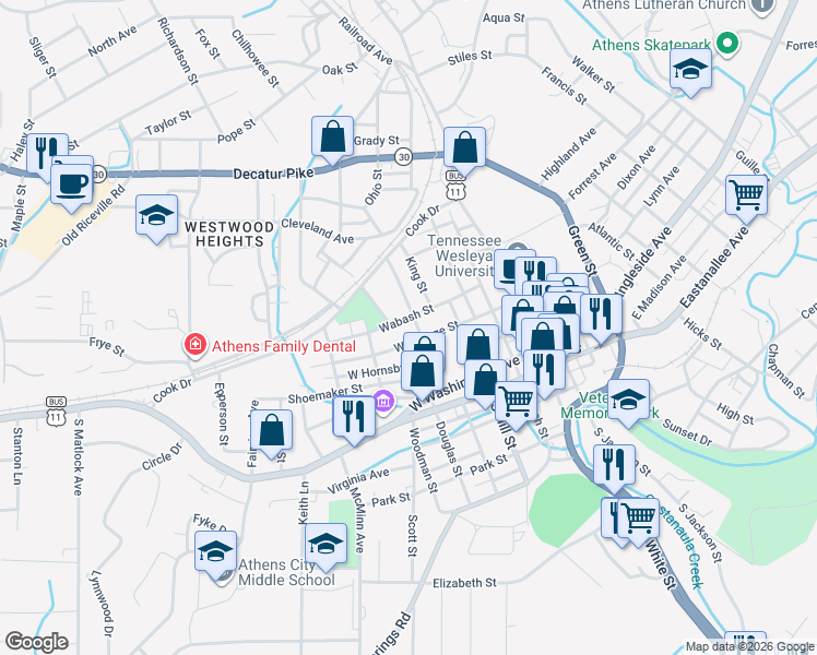 map of restaurants, bars, coffee shops, grocery stores, and more near 406 North Kilgore Street in Athens