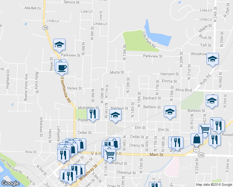 map of restaurants, bars, coffee shops, grocery stores, and more near 613 North 12th Street in Van Buren