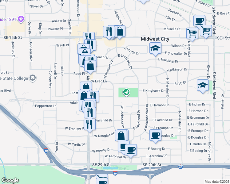 map of restaurants, bars, coffee shops, grocery stores, and more near 707 West Rickenbacker Drive in Midwest City