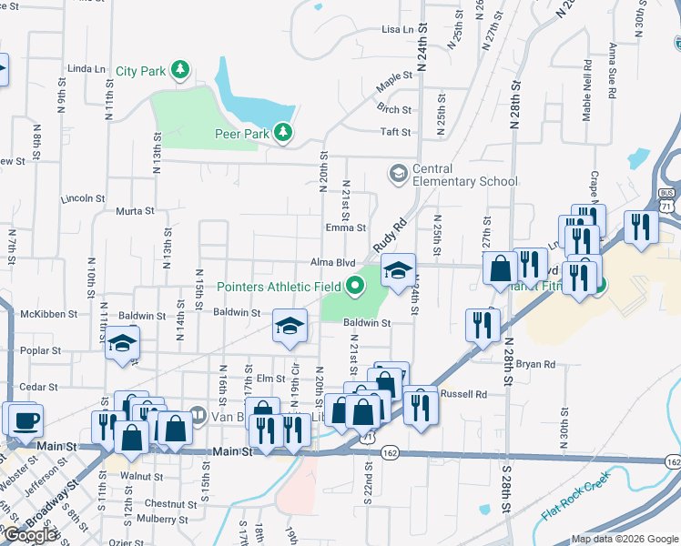map of restaurants, bars, coffee shops, grocery stores, and more near 2024 Alma Blvd in Van Buren