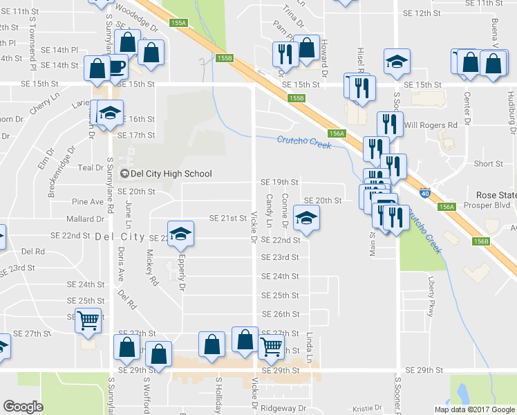 map of restaurants, bars, coffee shops, grocery stores, and more near 2108 Vickie Drive in Del City