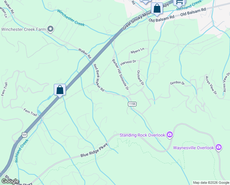 map of restaurants, bars, coffee shops, grocery stores, and more near 355 Red Bank Walker Road in Waynesville