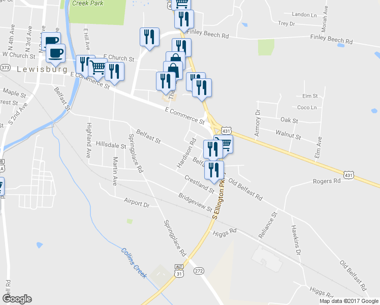 map of restaurants, bars, coffee shops, grocery stores, and more near 702 Belfast Street in Lewisburg
