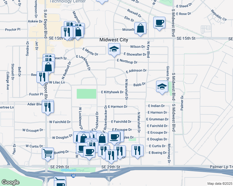 map of restaurants, bars, coffee shops, grocery stores, and more near 214 East Kittyhawk Drive in Midwest City