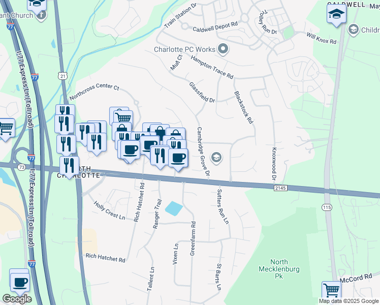 map of restaurants, bars, coffee shops, grocery stores, and more near 10109 Truitt Court in Huntersville