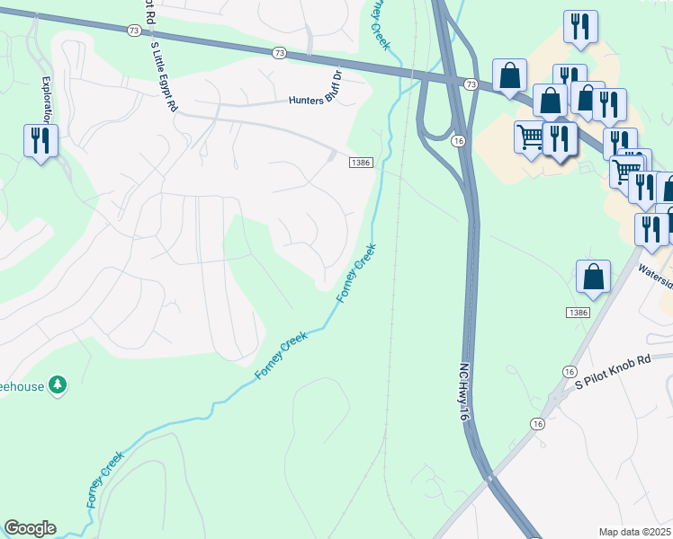map of restaurants, bars, coffee shops, grocery stores, and more near 7361 Oxford Bluff Drive in Stanley