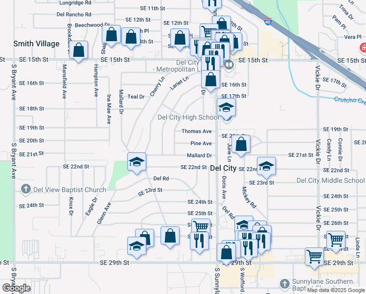 map of restaurants, bars, coffee shops, grocery stores, and more near 3912 Pine Avenue in Del City