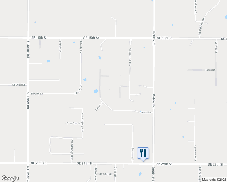 map of restaurants, bars, coffee shops, grocery stores, and more near 19604 Stephanie Lane in Harrah