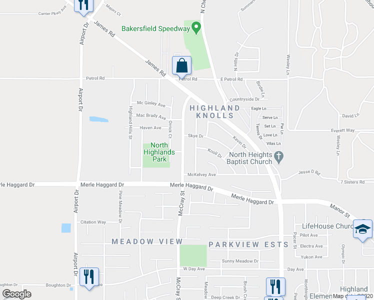 map of restaurants, bars, coffee shops, grocery stores, and more near 4300 McCray Street in Bakersfield
