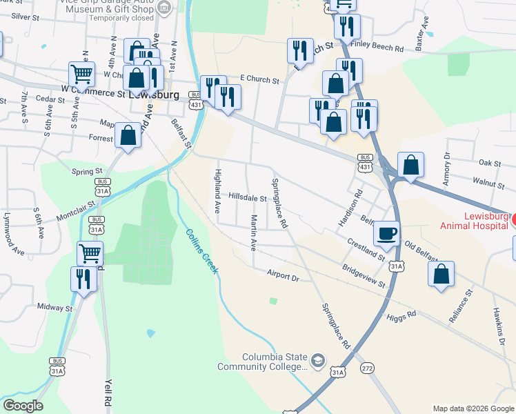 map of restaurants, bars, coffee shops, grocery stores, and more near 521 Martin Avenue in Lewisburg