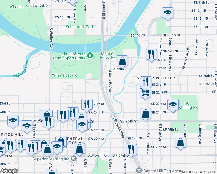 map of restaurants, bars, coffee shops, grocery stores, and more near 2205 South Santa Fe Avenue in Oklahoma City