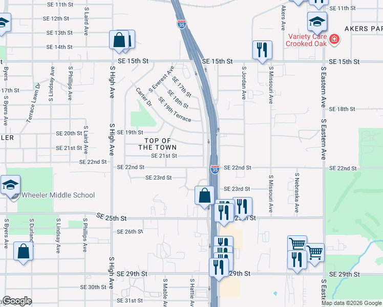 map of restaurants, bars, coffee shops, grocery stores, and more near 1241 Southeast 21st Street in Oklahoma City