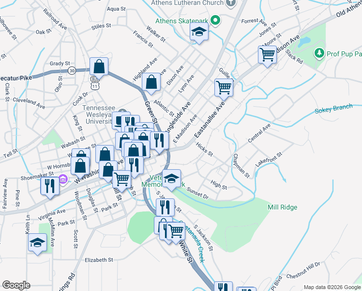map of restaurants, bars, coffee shops, grocery stores, and more near 402 Eastanallee Avenue in Athens