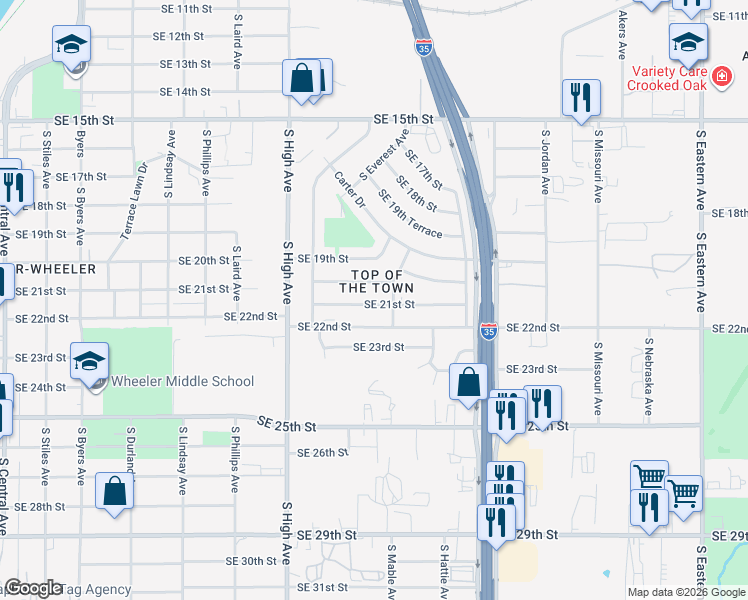 map of restaurants, bars, coffee shops, grocery stores, and more near 1161 Southeast 21st Street in Oklahoma City