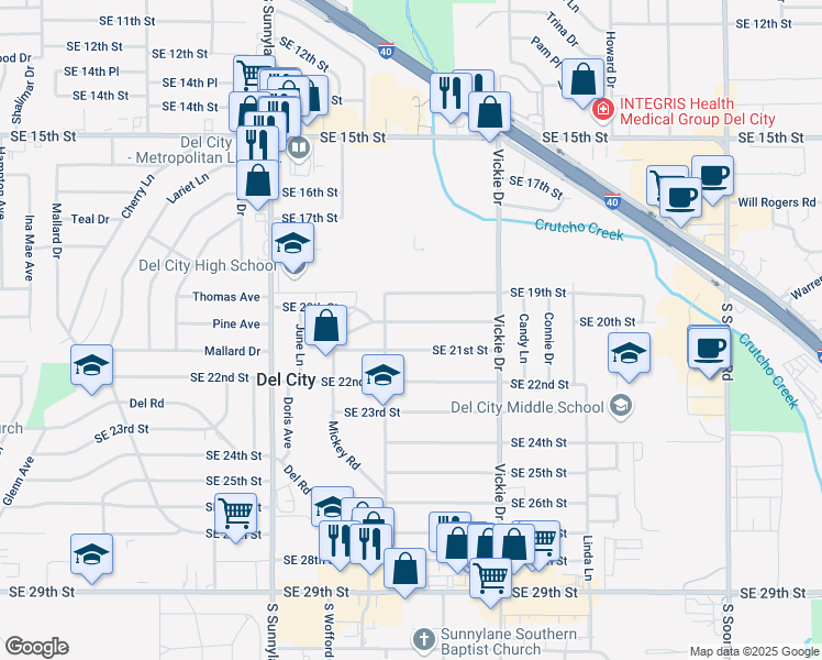 map of restaurants, bars, coffee shops, grocery stores, and more near 4528 Southeast 20th Street in Del City
