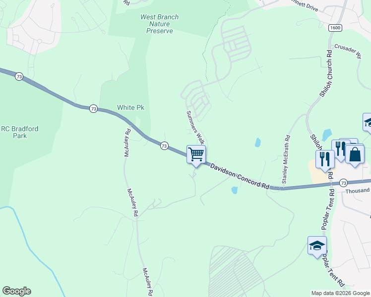 map of restaurants, bars, coffee shops, grocery stores, and more near 16040 Davidson-Concord Road in Davidson