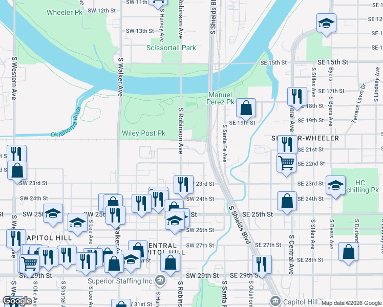 map of restaurants, bars, coffee shops, grocery stores, and more near 120 Southwest 21st Street in Oklahoma City