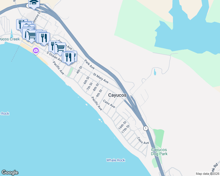 map of restaurants, bars, coffee shops, grocery stores, and more near in Cayucos