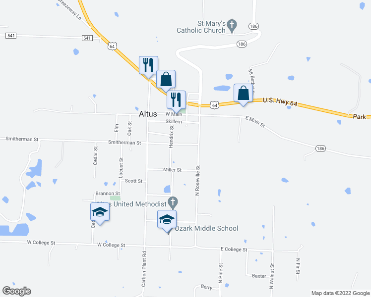 map of restaurants, bars, coffee shops, grocery stores, and more near 26 Smitherman Street in Altus