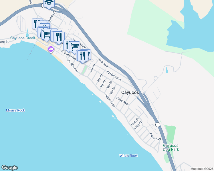 map of restaurants, bars, coffee shops, grocery stores, and more near 61 8th Street in Cayucos