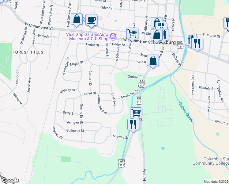 map of restaurants, bars, coffee shops, grocery stores, and more near 541 South 6th Avenue in Lewisburg