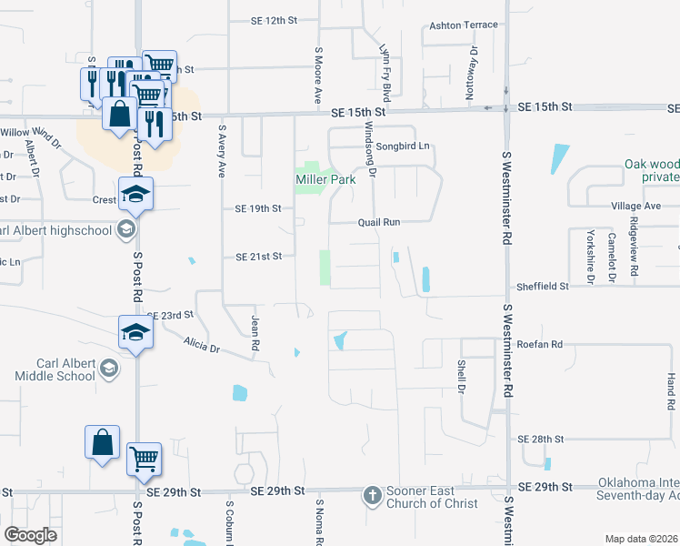 map of restaurants, bars, coffee shops, grocery stores, and more near 10504 Applegrove Circle in Midwest City