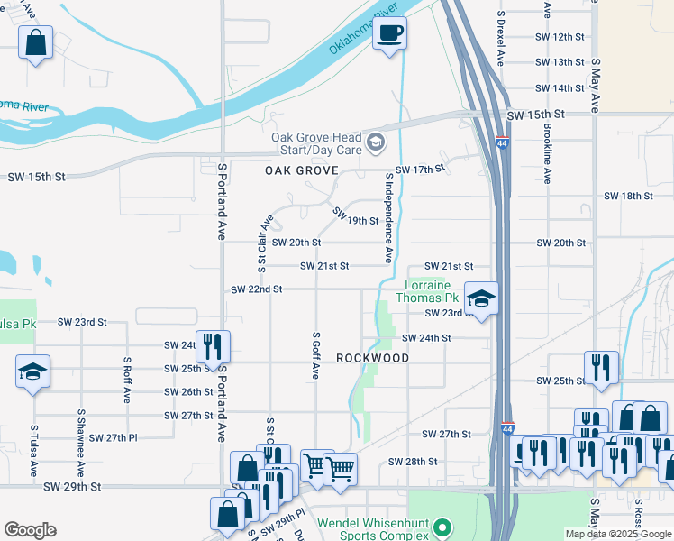map of restaurants, bars, coffee shops, grocery stores, and more near 3420 Southwest 21st Street in Oklahoma City