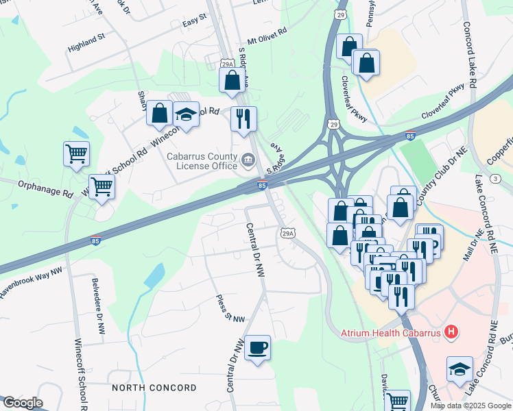 map of restaurants, bars, coffee shops, grocery stores, and more near 7 Mills Avenue Northwest in Concord