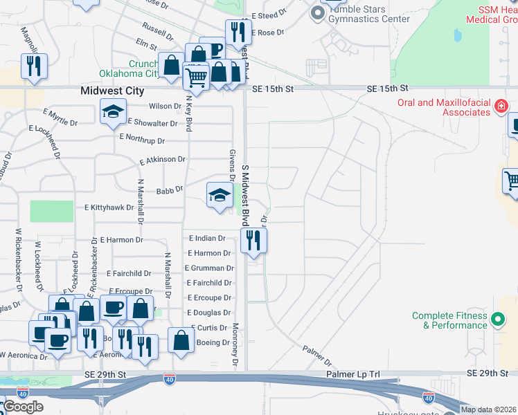 map of restaurants, bars, coffee shops, grocery stores, and more near 721 Palmer Drive in Midwest City