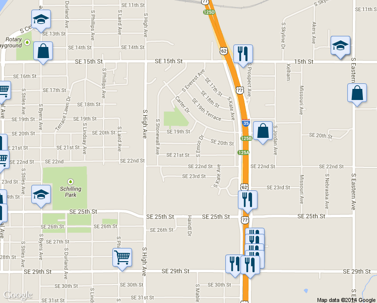 map of restaurants, bars, coffee shops, grocery stores, and more near 1161 Southeast 21st Street in Oklahoma City