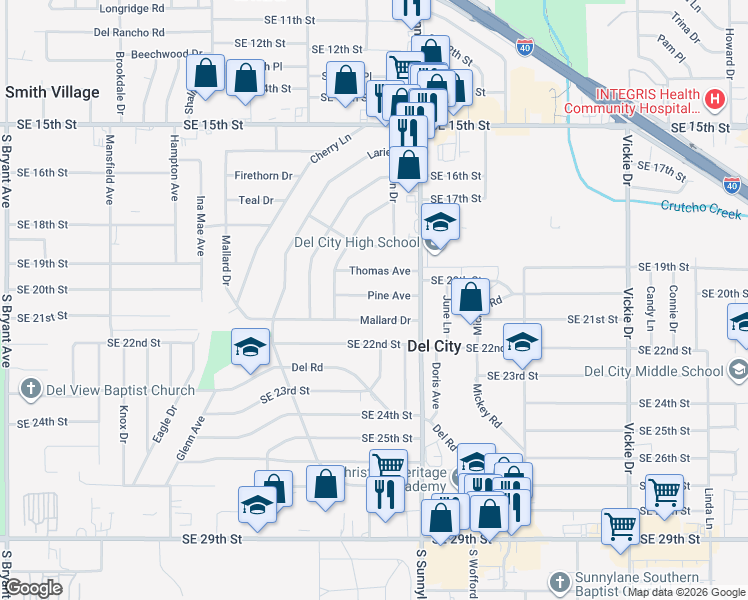 map of restaurants, bars, coffee shops, grocery stores, and more near 3936 Pine Avenue in Del City