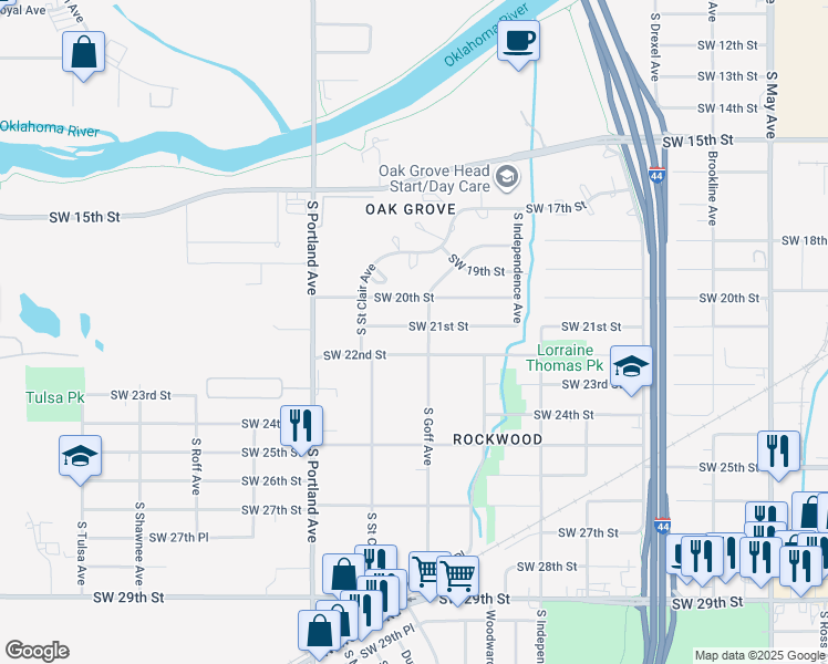 map of restaurants, bars, coffee shops, grocery stores, and more near 3508 Southwest 21st Street in Oklahoma City