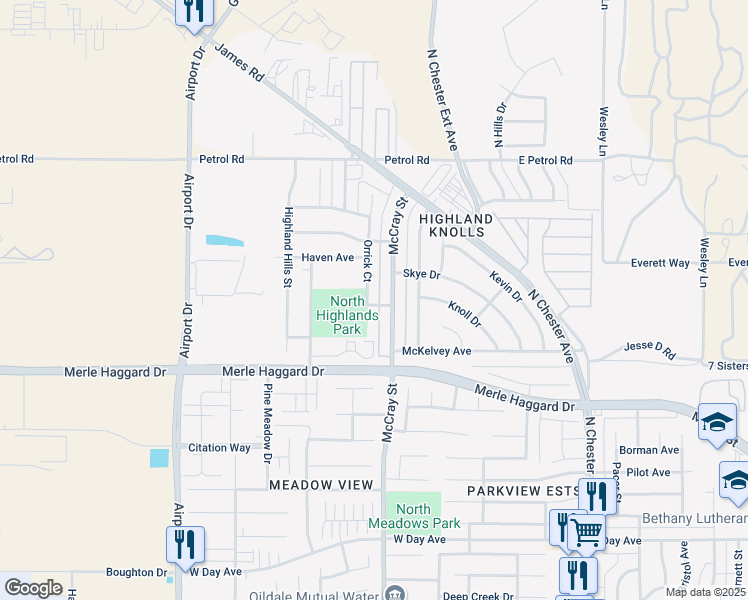 map of restaurants, bars, coffee shops, grocery stores, and more near 4300 Orrick Court in Bakersfield