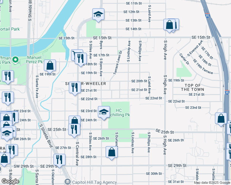 map of restaurants, bars, coffee shops, grocery stores, and more near 608 SE 21st St in Oklahoma City