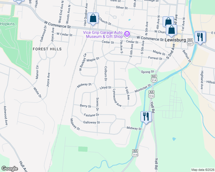 map of restaurants, bars, coffee shops, grocery stores, and more near 543 Colburn Drive in Lewisburg