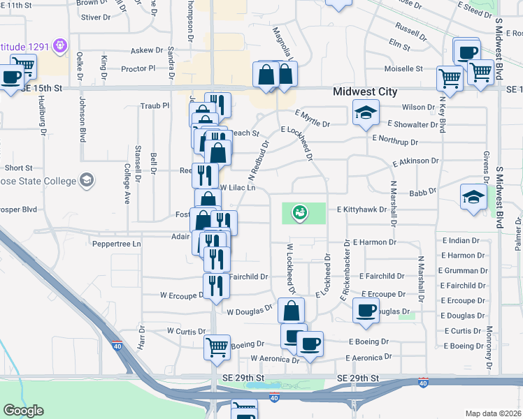 map of restaurants, bars, coffee shops, grocery stores, and more near 707 West Rickenbacker Drive in Midwest City