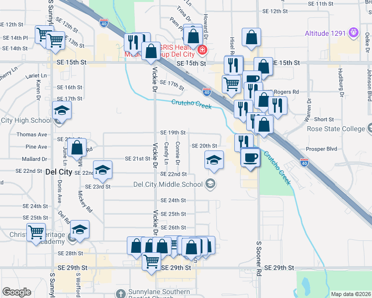 map of restaurants, bars, coffee shops, grocery stores, and more near 2104 Linda Lane in Del City