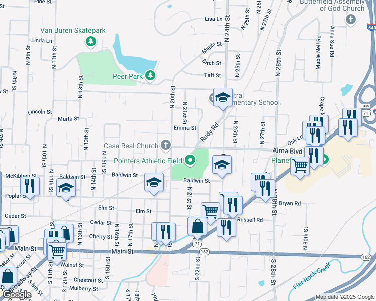 map of restaurants, bars, coffee shops, grocery stores, and more near 2024 Alma Boulevard in Van Buren