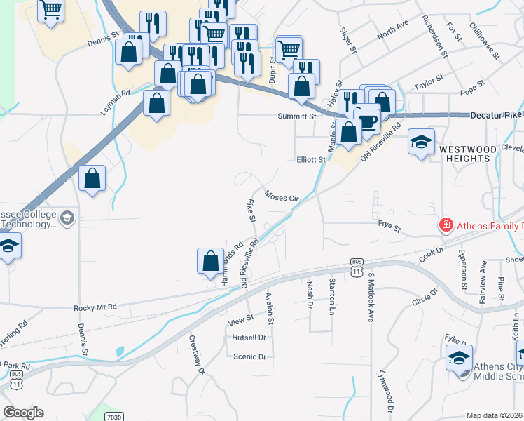 map of restaurants, bars, coffee shops, grocery stores, and more near 112 Aldridge Ln in Athens